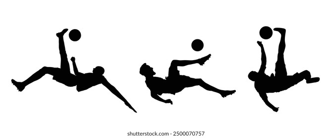 Soccer player vector silhouette illustration isolated on white background. Scissor moves in football game. Beach attraction. Summer fun with ball. Effective move in football. Spectacle for public