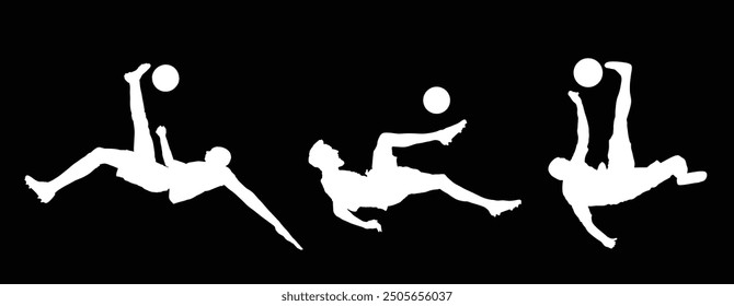 Ilustración de la silueta del Vector del jugador de fútbol aislada en el fondo. Tijera se mueve en el juego de fútbol. Atracción en la playa. Verano divertido con pelota. Movimiento efectivo en el fútbol. Espectáculo para el público. Hombre del deporte