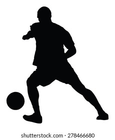 Soccer player vector silhouette isolated on white background. High detailed football player silhouette cutout outlines. Dribbling situation. 