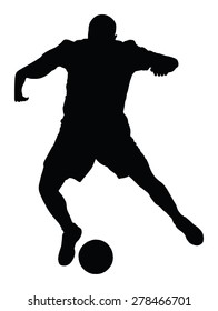 Soccer player vector silhouette isolated on white background. High detailed football player silhouette cutout outlines. Dribbling situation. 
