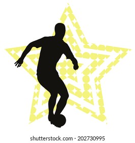 Soccer player vector silhouette on stylized star background. EPS 10
