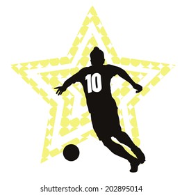 Soccer player vector silhouette on stylized star background. EPS 10
