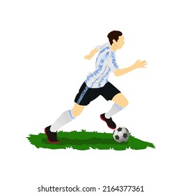 Soccer player wearing Argentina jersey kit while dribbling the ball. with the piece of grass field on white background. this flat vector is best for your banner or poster.