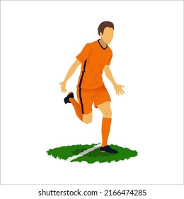 Jugador de fútbol con camiseta naranja mientras se celebraba. con el trozo de campo sobre fondo blanco. este vector plano es mejor para su pancarta o afiche.