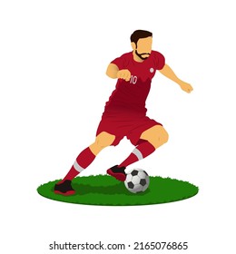 Jugador de fútbol con el kit de la camiseta de Qatar mientras perfora la pelota. con el trozo de campo sobre fondo blanco. este vector plano es mejor para su pancarta o afiche.