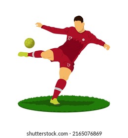 Soccer player wearing Qatar jersey kit while Shoot the ball. with the piece of grass field on white background. this flat vector is best for your banner or poster.
