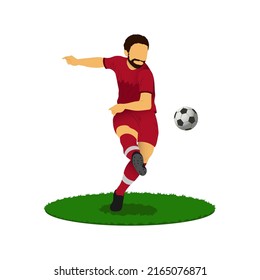 Jugador de fútbol con el kit de la camiseta de Qatar mientras dispara la pelota. con el trozo de campo sobre fondo blanco. este vector plano es mejor para su pancarta o afiche.