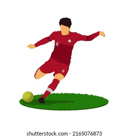 Soccer player wearing Qatar jersey kit while Shoot the ball. with the piece of grass field on white background. this flat vector is best for your banner or poster.
