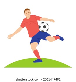 Soccer player wearing a red costume quick shooting a ball. Vector image