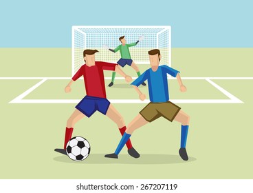 Soccer player wearing red jersey shielding soccer ball from opponent who is trying to steal the ball, with goalkeeper and goalpost in background. Vector cartoon illustration for soccer sports.