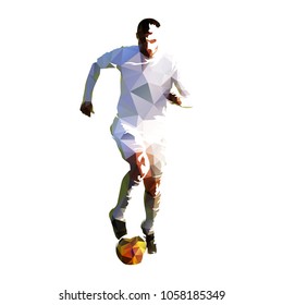 Soccer player in white jersey running with ball, polygonal geometric vector illustration