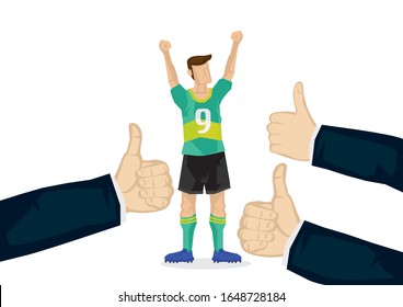 Soccer player winning a victory with a goal. Vector isolated cartoon illustration.