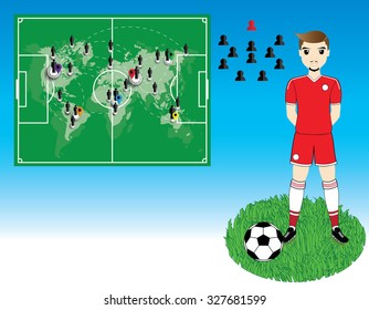Soccer player with world map on blue background