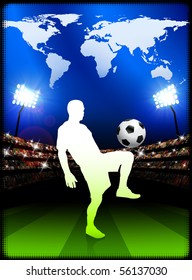 Soccer Player with World Map on Stadium Background Original Illustration
