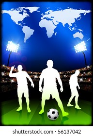 Soccer Player with World Map on Stadium Background Original Illustration