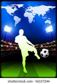 Soccer Player with World Map on Stadium Background Original Illustration