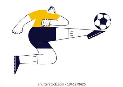 Soccer player in yellow ti-shirt kicking the ball isolated on white background. Sportsman in modern outline minimalist design. Flat Art Vector Illustration