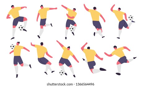 Soccer Players in action. Football play game people characters. Vector illustration set