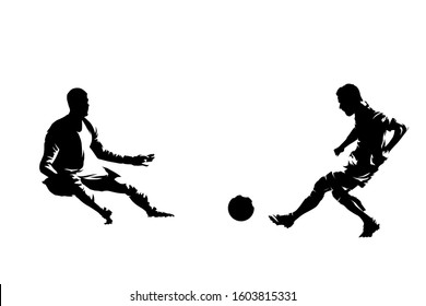 Soccer players, attacker shoots, goalie jumps. Isolated ink drawing vector silhouette