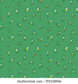 Soccer players with ball  background. Seamless pattern of minimalistic doodle sportsmen in action. Vector illustration with football team on competotion 