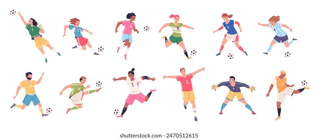 Soccer players characters. Football player kick ball different actions, athletic female male person sport games uniform goalkeeper workouts pass or goals classy vector illustration