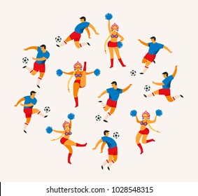 Soccer players and cheerleaders girls in Russian style. Flat vector illustration. Design element.