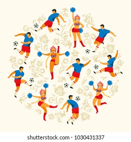 Soccer players and cheerleaders girls in Russian style. Flat vector illustration. Design element.