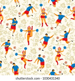 Soccer players and cheerleaders girls in Russian style. Vector seamless pattern. Design element.