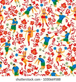 Soccer players and cheerleaders girls in Russian style. Vector seamless pattern. Design element.