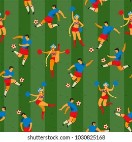 Soccer players and cheerleaders girls  in Russian style. Vector seamless pattern. Design element.