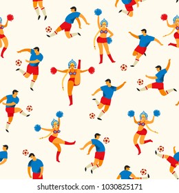 Soccer players and cheerleaders girls in Russian style. Vector seamless pattern. Design element.
