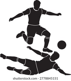 Soccer players competing for the ball during a match silhouette vector icon