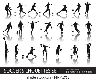 Soccer players detailed vector silhouettes set. Sports design