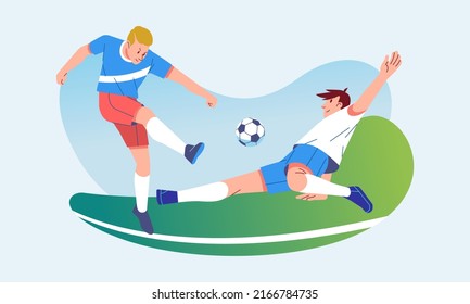 Soccer players duel ball, tackle ball from other players in the field. modern flat vector character illustration. soccer players try to snatch from other players in the match