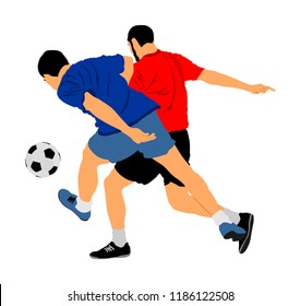 Soccer players in duel vector illustration isolated on white background. Football player battle for the ball and position