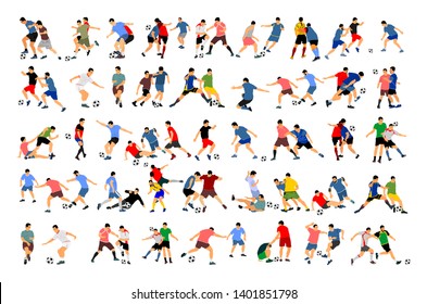 Soccer players in duel vector illustration isolated on white background. Football player battle for the ball and position. Big group of sport man battle in different position. Athlete action skills.