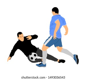 Soccer players in duel vector illustration isolated on white background. Football player battle for the ball and position. Sport activity people. goalkeeper keep goal against goal scorer  opponent.