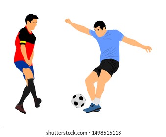 Soccer players in duel vector illustration isolated on white background. Football player battle for the ball and position. Sport activity people. Man competition. Handsome boy play soccer with friend.