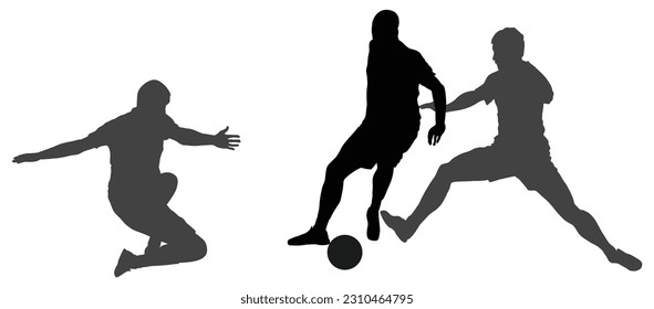 Soccer players in duel vector silhouette illustration isolated on white background. Football players battle for ball and position. Attractive sport game superstars on field. Man against opponent boy.