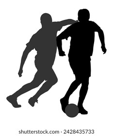Soccer players in duel vector silhouette illustration isolated on white background. Football players battle for ball and position. Attractive sport game superstars on field. Man against opponent boy.