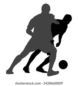 Soccer players in duel vector silhouette illustration isolated on white background. Football players battle for ball and position. Attractive sport game superstars on field. Man against opponent boy.