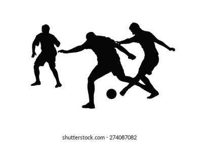 Soccer players in duel vector silhouette  illustration isolated on white background. Football player battle for the ball and position. Attractive sport game, superstars on the scene.
