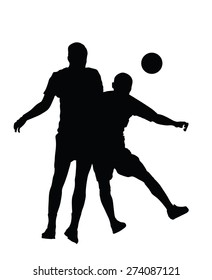 Soccer players in duel vector silhouette  illustration isolated on white background. Football player battle for the ball and position. Attractive sport game, superstars on the scene.