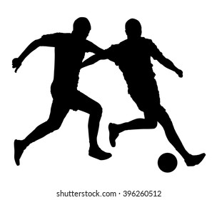 Soccer players in duel vector silhouette  illustration isolated on white background. Football player battle for the ball and position. Attractive sport game, superstars on the scene.