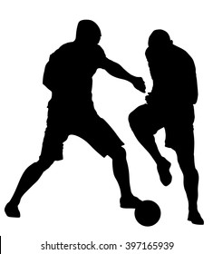 Soccer players in duel vector silhouette  illustration isolated on white background. Football player battle for the ball and position. Attractive sport game, superstars on the scene.