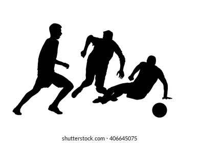 Soccer players in duel vector silhouette  illustration isolated on white background. Football player battle for the ball and position. Attractive sport game, superstars on the scene.