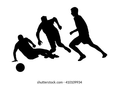Soccer players in duel vector silhouette  illustration isolated on white background. Football player battle for the ball and position. Attractive sport game, superstars on the scene.
