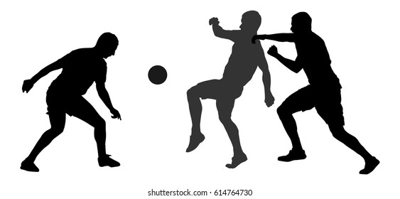 Soccer players in duel vector silhouette  illustration isolated on white background. Football player battle for the ball and position. Attractive sport game, superstars on the scene.