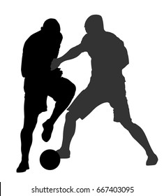 Soccer players in duel vector silhouette  illustration isolated on white background. Football player battle for the ball and position. Attractive sport game, superstars on the scene.
