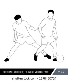 The soccer players fighting for the ball. Outline silhouettes, vector illustration. Football players in action. One player tries to take the ball from another.